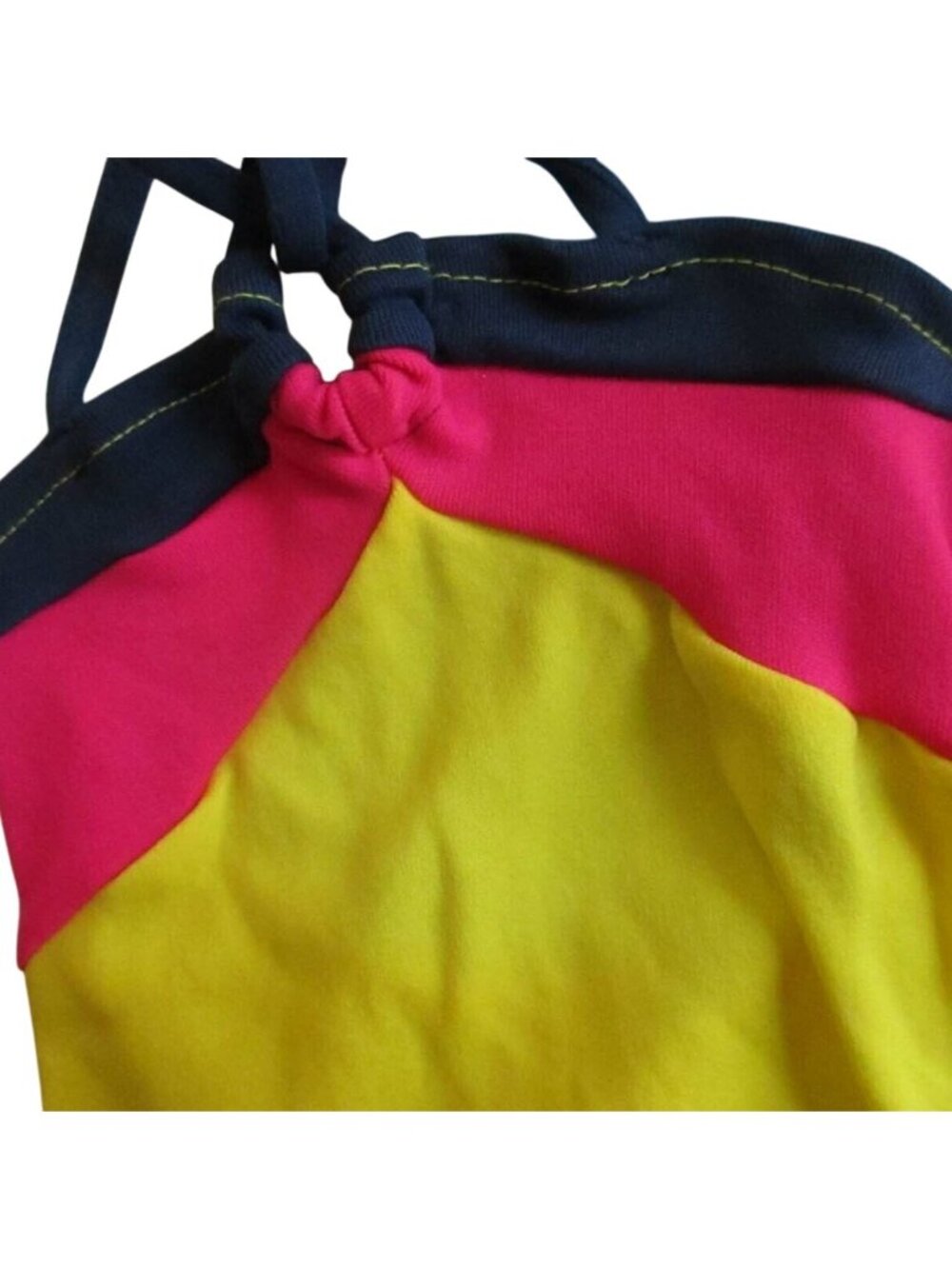 NEW Vintage Girls Swimsuit Size 2 Colorblock Nylon Yellow Pink Black Halter Neck